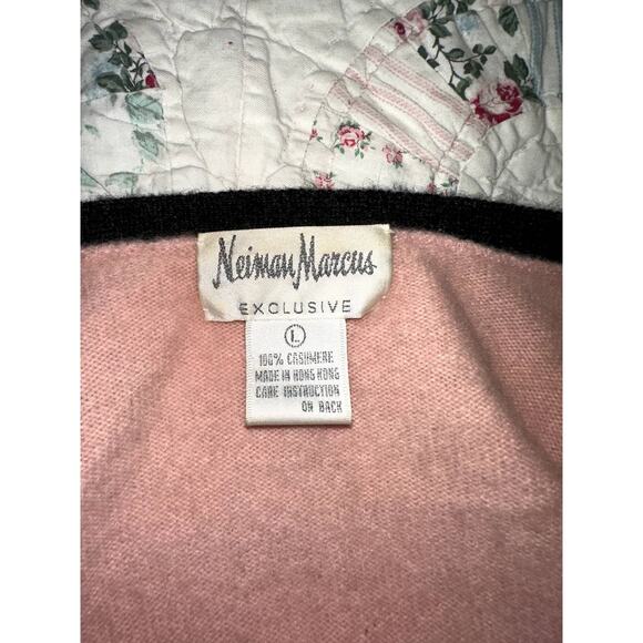 VINTAGE NEIMAN MARCUS PINK BLACK BORDERED CASHMERE CARDIGAN SWEATER L - Picture 4 of 7